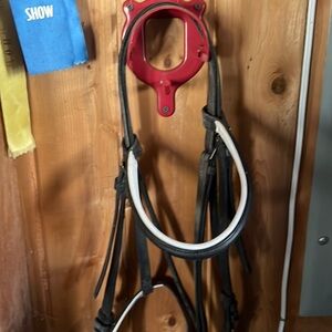 Black horse sized bridle with white padding.